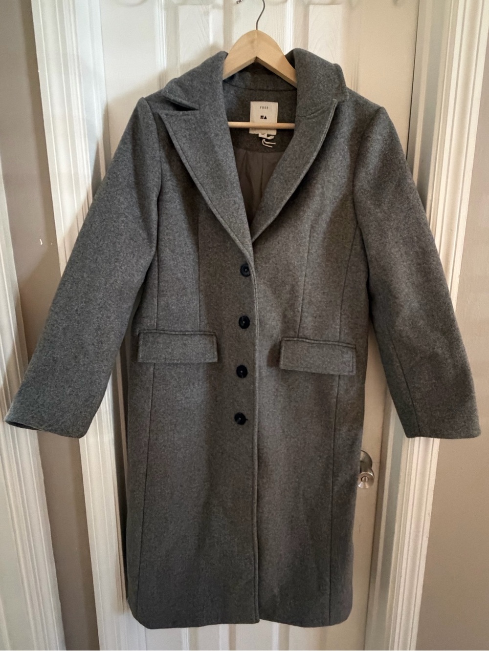 Women's Gray Wool-Blend Pea Coat with Notch Collar